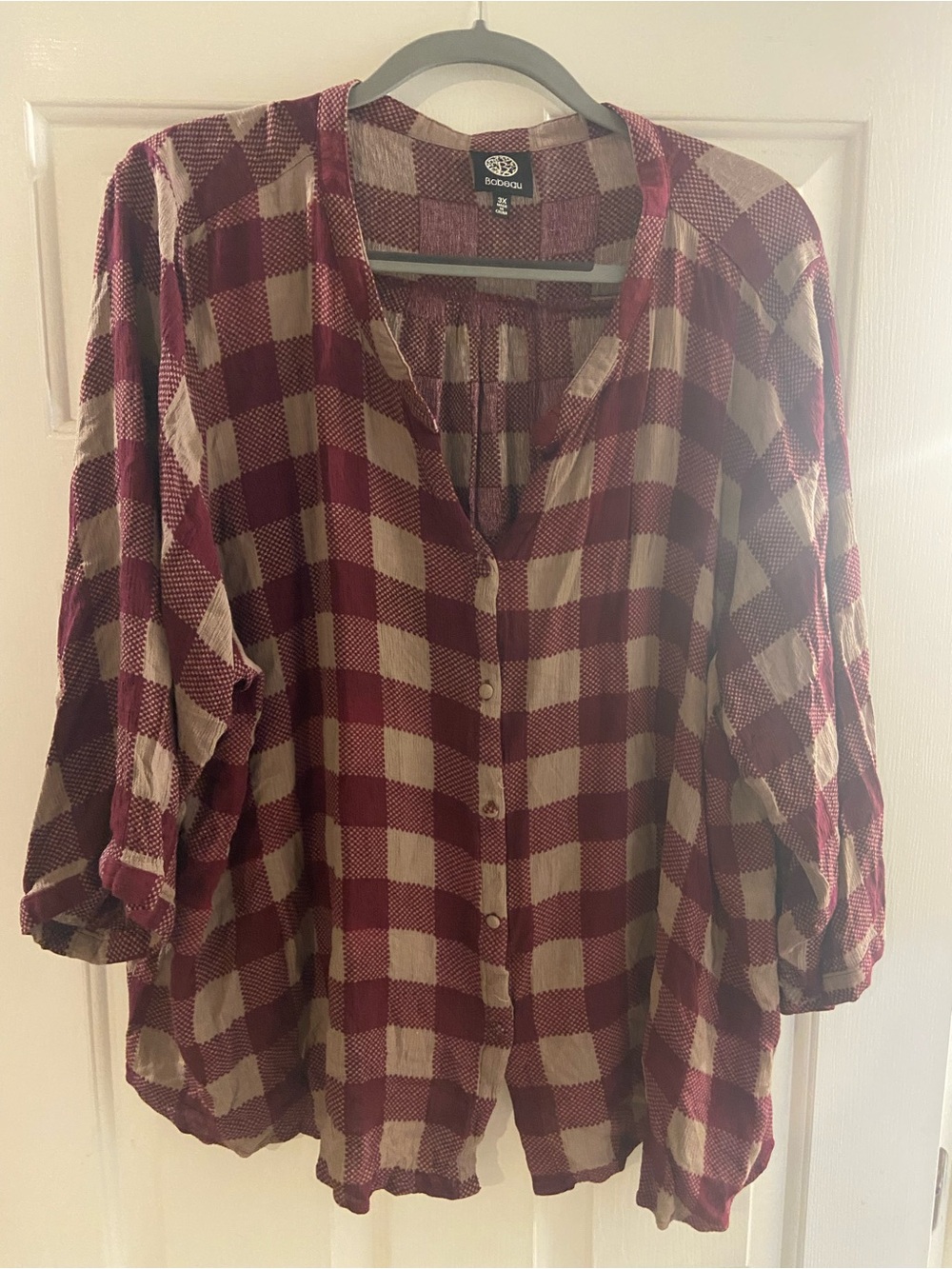 bobeau 3X Lightweight Shirt Burgundy and Cream Plaid Button-Front Blouse
